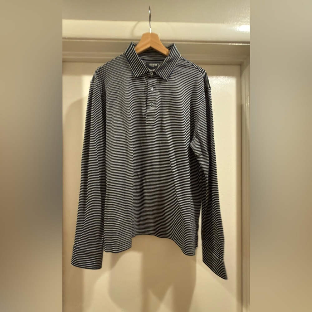 Todd Snyder Black and White Striped Casual Long-Sleeve Polo